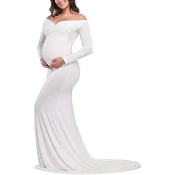 VSNOW Maternity Elegant Fitted Maternity Gown Long Sleeve Slim Fit Maxi Photography Dress for Photoshoot Pregnant Dress